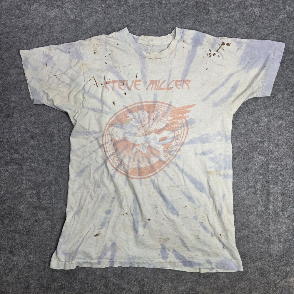 Vintage 80s Steve Miller Band Tie Dye Tour Shirt White Blue Size Small Distress‎